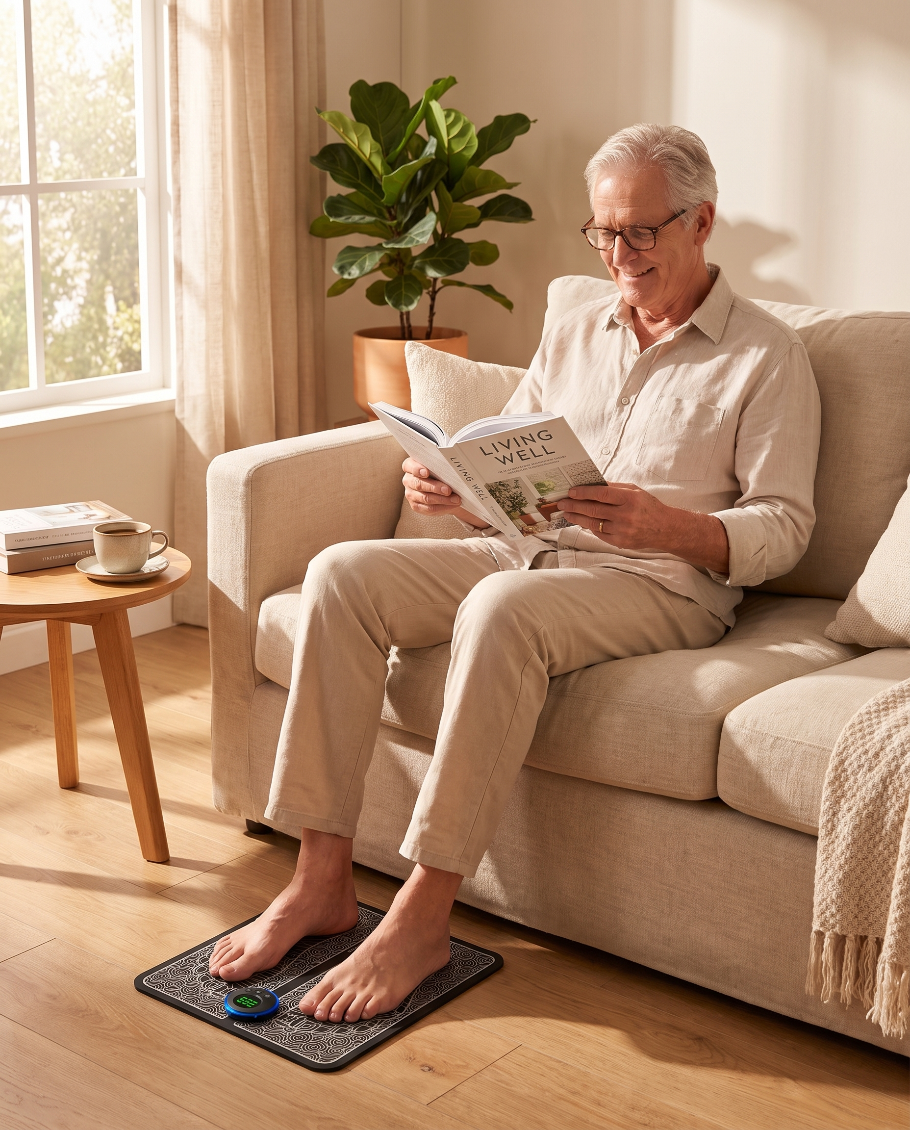 Man in his 70s reading on the sofa while using the FootEase foot massager