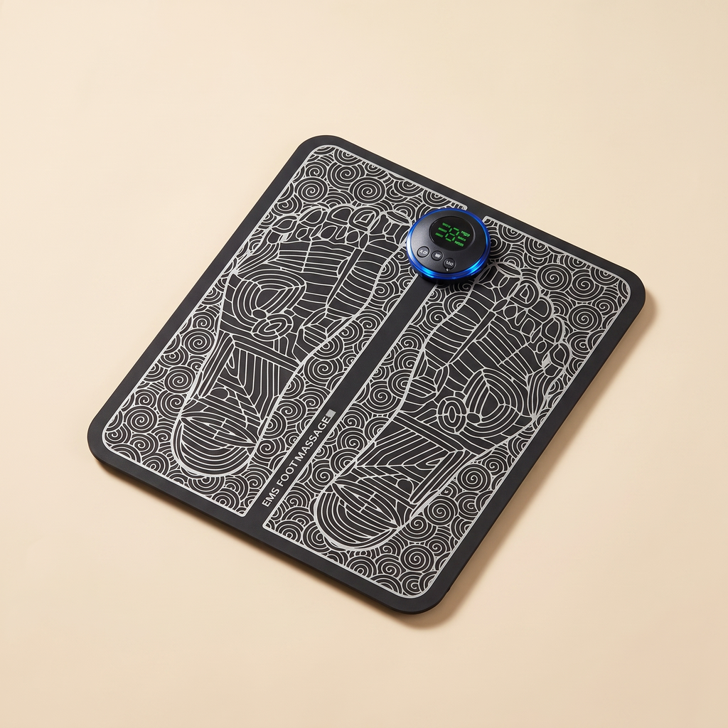 FootEase EMS Foot Massager mat with wireless control unit on a warm cream background