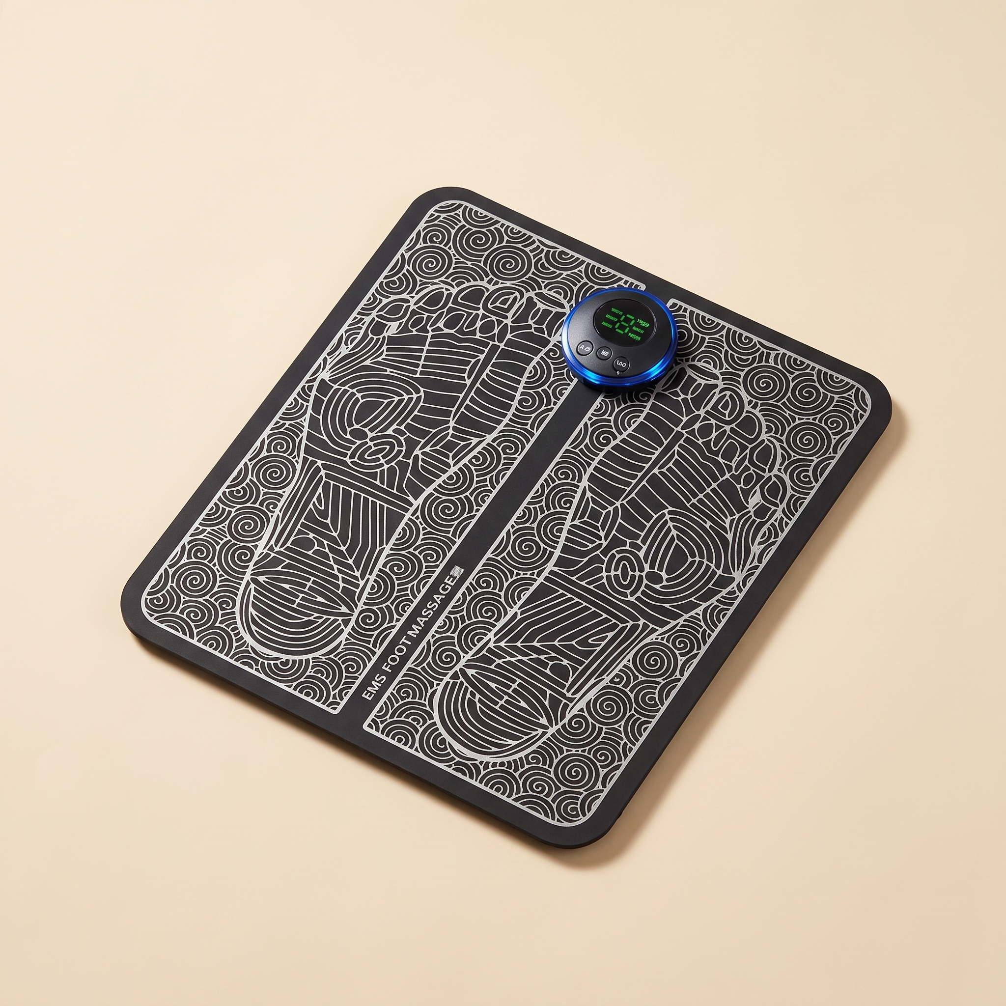 FootEase EMS Foot Massager mat with wireless control unit on a warm cream background