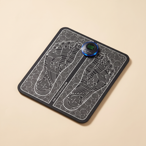 FootEase EMS Foot Massager mat with wireless control unit on a warm cream background